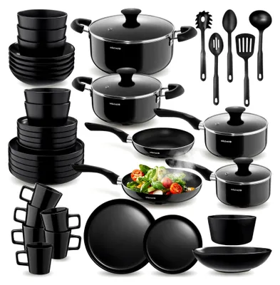 Produktbild von Küchenstarterset für 6 Personen, Steingut Geschirr Set, Teller, 4 Töpfe, 2 Pfannen aus rostfreiem Aluminium, Kochtopf Set, Töpfe Set, kratzfest, leicht zu reinigen, 5 Küchenwerkzeuge - schwarz, 45-teilig