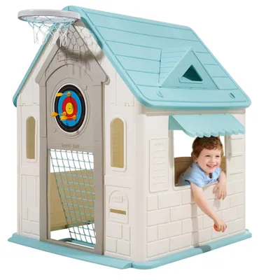 Image de VEVOR Maison de jeu Outdoor 5 en 1 Maison de jardin (terrain de jeu de rôle/basket/fléchettes/football/jeu de lancer d'anneaux) Maison de jeu pour enfants avec porte pratique & kit toboggan & fenêtre pour jeunes enfants à partir de 2 ans