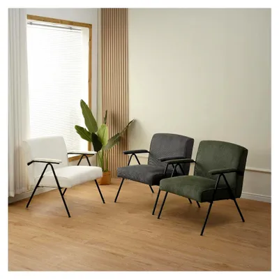 Produktbild von Designer Vintage Sessel Stanford, Mid-Century Modern mit hochwertigem Cordstoffbezug in Grün, bequemer Federkern, Relaxsessel für Wohnzimmer und Schlafzimmer