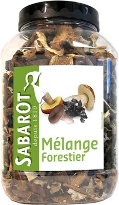 A clear, well-lit product shot of a jar of dried forest mushrooms.