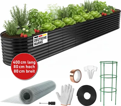 Produktbild von BRAST Hochbeet Metall Julia Mega | 400x80x80cm Schwarz | extra viel Zubehör | Stahl rostfrei & verzinkt | wetterfest ovale Form | für Gemüse Obst Kräuter & Blumen