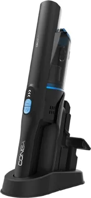 A black cordless vacuum cleaner with a charging dock.