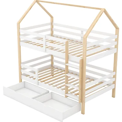 Immagine prodotto di Facile da usare, letto matrimoniale, lettino a forma di casetta, ampi cassetti, letto a casetta in legno di pino per bambini, 90 x 200 cm, materasso non incluso,