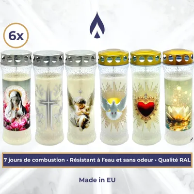 Image de Horeca Candles Bougies funéraires 7 jours avec couvercle - Lot de 6 bougies résistantes aux intempéries et sans parfum - Bougies de cimetière blanc qualité RAL - Fabriqué en Autriche