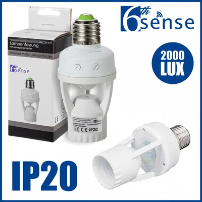 Product packaging and two motion sensor lamp holders are shown against a white background. Text and logos are overlaid.