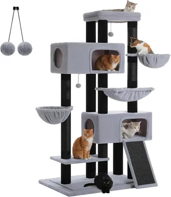 Produktbild von Großer Kratzbaum für Katzen, XXL Kratzbaum mit Höhlen, Liegeschalen, Sisal-Kratzsäulen und Rampe – Stabiler Katzenturm für Indoor, 209cm, Schwarz
