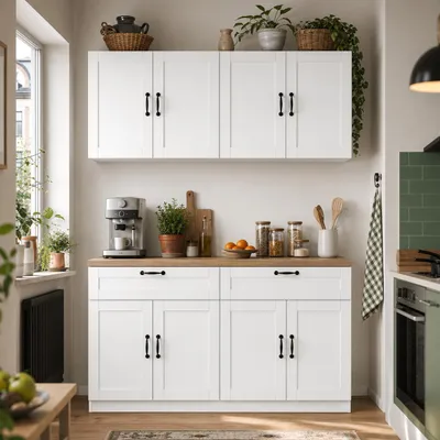 Produktbild von Küchenschrank Set 160cm Weiß Eiche Kombiniert, Unterschrank + Hängeschrank mit Soft-Close Scharnieren, verstellbare Einlegeböden, MDF