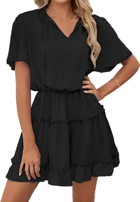 Produktbild von ASKSA Damen Kurzarm Kleid Elegant Rüschen Sommer V-Ausschnitt Tunikakleid Einfarbig Kleider, Schwarz, XL