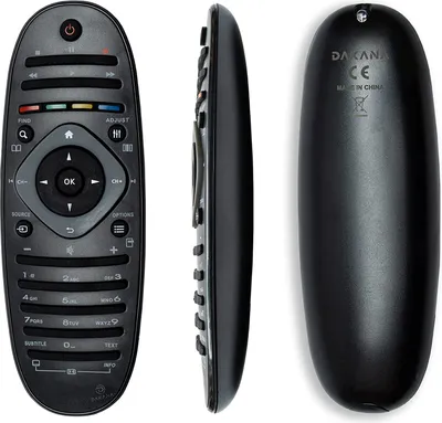 A product shot of a black remote control from three different angles: front, side, and back.
