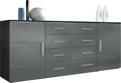 Produktbild von Vladon Sideboard Faro V2,  Germany, Kommode mit 2 Türen und 4 Schubladen, Schwarz matt/Grau Hochglanz (166 x 72 x 35 cm)