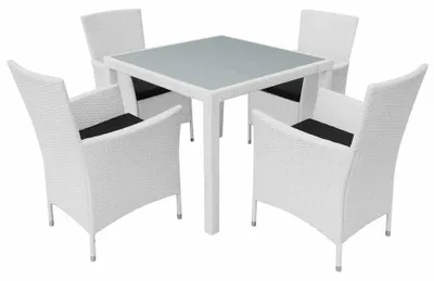 Immagine prodotto di Set da giardino 5 pezzi, bianco - rattan in polietilene, resistente agli agenti atmosferici - tavolo da 90 cm - con piano in vetro