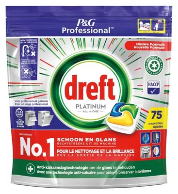 Produktbild von Dreft Professional Platinum All-In-One Spülmaschinenkapseln – Zitrone – Anti-Kalk – 75 Kapseln - 1 Stück