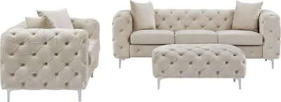 Produktbild von Chesterfield-Sofa 3-Sitzer, 2-Sitzer & Chesterfield-Hocker - Samt - Beige - EDWINA