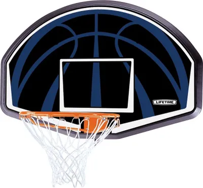 A basketball hoop with a black backboard featuring blue lines resembling a basketball, and a white rim with a white net.