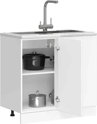 A white kitchen sink cabinet with a faucet and two pots inside.