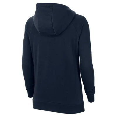 The back view of a navy blue Nike hoodie.
