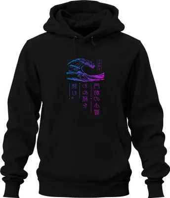Obrázok produktu pre mikina s kapucňou Japanese Wave Ukiyoe Neon Vaporwave Cyberpunk Retro Uni Hoodie, čierna, L