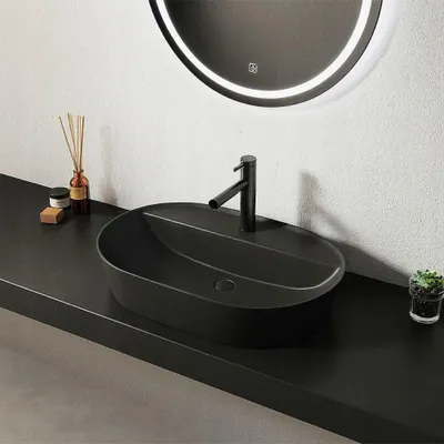 Produktbild von Ovaler, schwarzer Aufsatzwaschtisch aus Keramik mit Abflussloch, groß (60 cm)