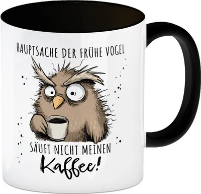 Produktbild von Eule Kaffeebecher in schwarz mit Spruch Früher Vogel soll nicht Kaffee saufen