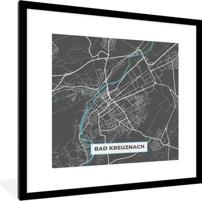 Produktbild von MuchoWow® Gerahmtes Poster Bad Kreuznach - Stadtplan - Blau - Karte - Deutschland 40x40 cm - Poster mit Schwarzem Bilderrahmen Wandposter Rahmen Foto Bilder - Poster - Plakat im Rahmen