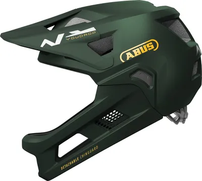 A dark green full-face helmet for mountain biking, shown from a side-front angle on a white background.