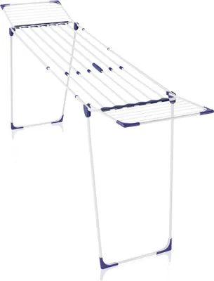 A white and blue foldable drying rack on a white background.