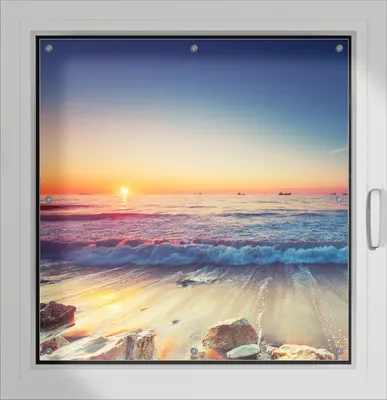 Produktbild von Wallario Lichtschutzbild, Dekorativer Sichtschutz Sonnenschutz 96 x 100 cm mit Motiv: Sonnenuntergang am Meer mit Wellen am Strand - Verdunklung ohne Bohren