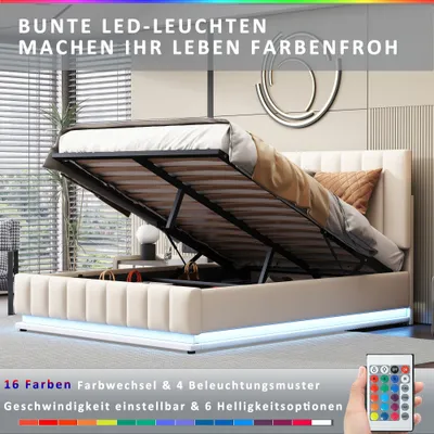 Produktbild von Sweiko Polsterbett 140 x 200 cm mit LED, Metalllattenrost & Bettkasten, Doppelbett mit höheverstellbarem Polsterkopfteil, Weiß(ohne Matratze)