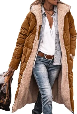 Produktbild von ASKSA Damen Lang Daunenmantel Warm Fleece Reversibel Winterjacke Kapuze Fleecejacke Daunenjacke Mantel, Braun, S