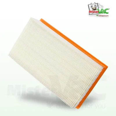 A white pleated filter with an orange frame is shown against a white background. A logo and text are visible in the top right corner, and a watermark is present on the product and background.
