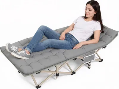 Obrázek produktu pro Skládací kempingová postel s perleťovou bavlněnou matrací (71×190 cm), šedá postel pro dospělé, přenosná skládací postel do kanceláře, na cesty, domů, do přírody