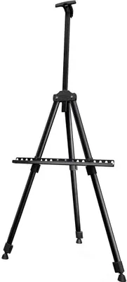 A black aluminum easel on a white background.