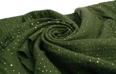 Immagine prodotto di Tessuto in mussola di cotone con pois dorati, doppia garza, verde bosco 50 x 130 cm