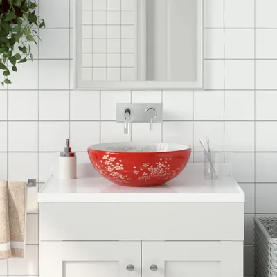 Produktbild von Möbel Aufsatzwaschbecken Weiß und Rot Rund Ø41x14 cm Keramik - Waschbecken &33619