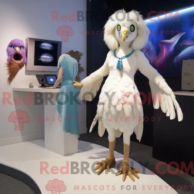 Productafbeelding van Mascottekarakter REDBROKOLY van een witte harpij gekleed met een minirok en stropdassen