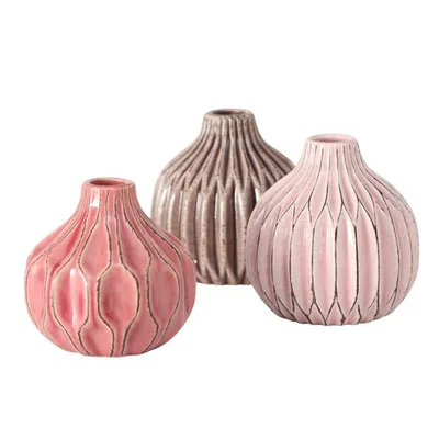 Produktbild von Vase im 3er Set im Shabby Chic Look aus Keramik Blumenvase Tischdekoration für Blumen und Trockenblumen Dekoratives Design   Rosa