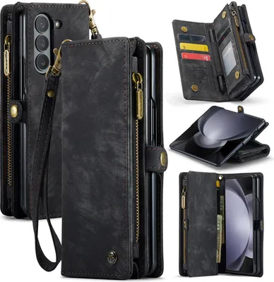 Produktbild von Hülle für Samsung Galaxy Z Fold 5 Vintage Multifunktions Lederhülle, Kartenfächer, Reißverschluss Schutzhülle Schwarz