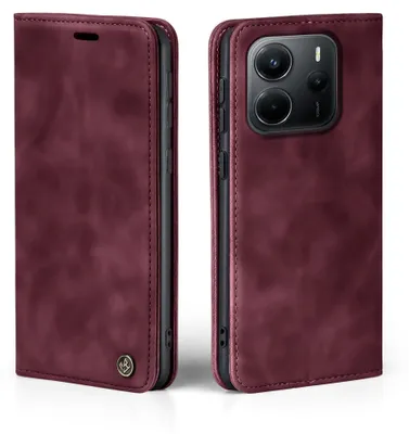 A burgundy flip case for a smartphone is shown from two angles.