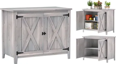 Zdjęcie produktu dla Drewniana szopa ogrodowa Outsunny, szopa na narzędzia 110x60x88,5 cm, domek ogrodowy z podwójnymi drzwiami, półkami, szafką na narzędzia