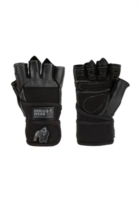 A pair of black weightlifting gloves with wrist wraps, shown from a front view.