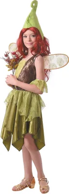A young girl wearing a fairy costume, holding a bouquet of flowers.