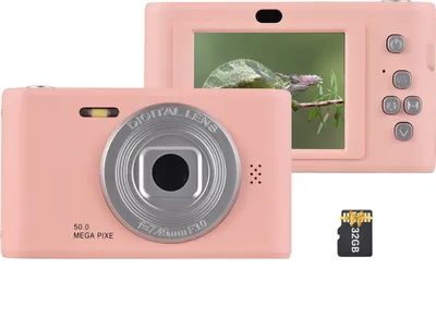 A pink digital camera and a 32GB TF card are displayed against a white background.