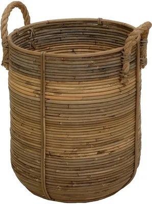 Produktbild von KRINES HOME Retro-Design Dekokorb / Handtuch-Korb Bad / Tragekorb für Spielzeug / Aufbewahrungskorb mit Seil-Griffen / Flechtkorb aus Natur Rattan Grau / Holzkorb, Korb Box Henkel Aufbewahrung (Mittel)