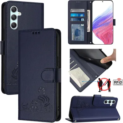 Produktbild von Leder Hülle für Samsung Galaxy A34 5G Süße Katze Flip Case Brieftasche Schutzhülle mit Standfunktion Blau
