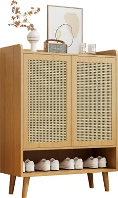 Obrázek produktu pro Skříň na boty z přírodního ratanu, 80×35×105 cm: 2 dvířka + 5 polic, úchytky/nohy z masivního dřeva, do předsíně