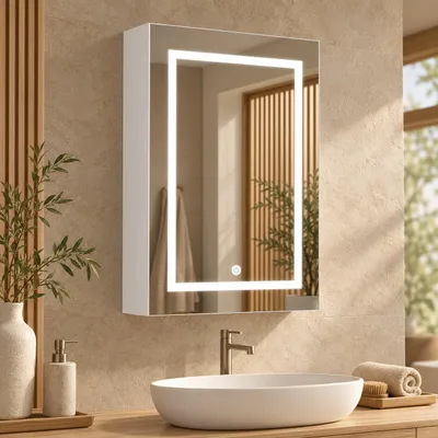 Productafbeelding van Spiegelschaaf voor de badkamer met LED-verlichting, 50x70 cm, badkamermeubel met touchsensor, dimbare spiegel, 1 deur, verstelbare planken, wit
