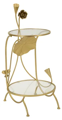 Immagine prodotto di Tavolinetto 2 Ripiani Flowers cm Ø 40x78 - Tavolo di Servizio in Ferro e Vetro Effetto Marmo - Stile Glam con Dettagli Floreali