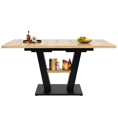 Produktbild von Flieks ausziehbarer Esstisch rechteckig, Küchentisch Teleskoptisch 118-157x70x75 cm, Holzfarbener Ausziehtisch mit Lagerregal, Holzfarbe und schwarz