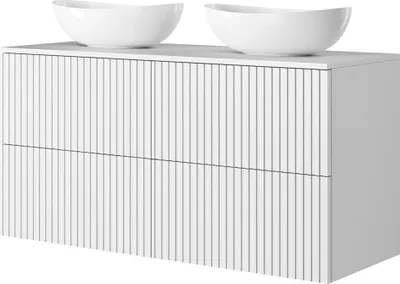 Produktbild von Badezimmer Doppelwaschtisch mit 120 cm Breite in weiß matt mit gerillter Front, 2 Aufsatzwaschbecken & 4 Schubladen - NAVASOTA-141