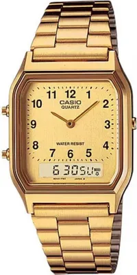 A close-up studio shot of a gold Casio watch.